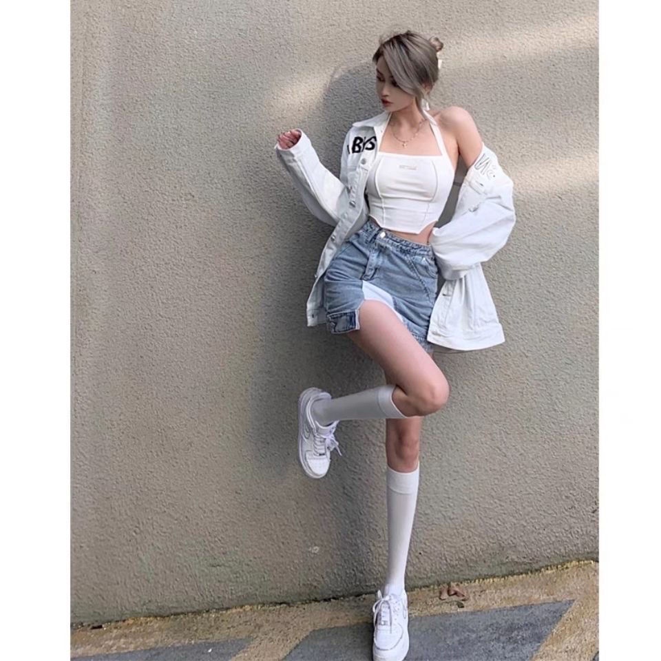 2021 new stitching high waist slim A- shaped irregular denim skirt niche design sense Joker skirt women