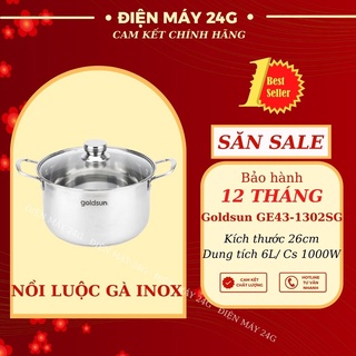 Nồi inox Goldsun GE43-1302SG nồi bếp từ 26CM nồi luộc gà chống dính 3 đáy vung kính chịu lực nhiệt tốt