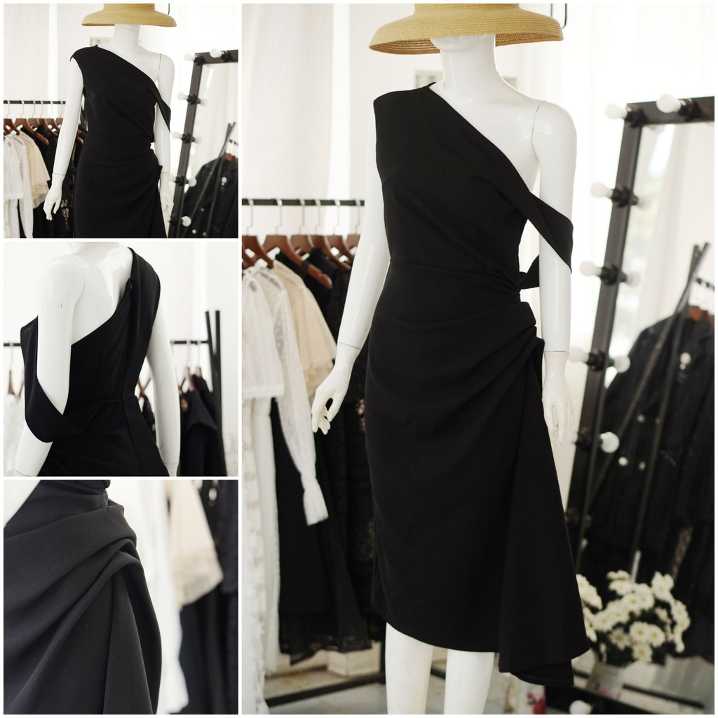 Đầm đen lệch vai đi dự tiệc sang trọng, thiết kế dáng xòe, xếp ly ở eo | BigBuy360 - bigbuy360.vn