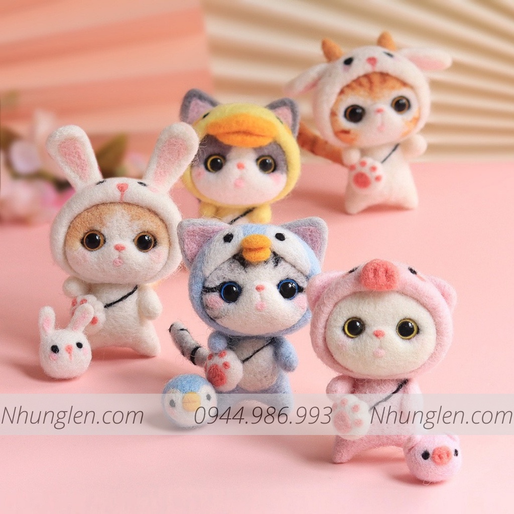 Bộ len chọc Mèo Mũm Mĩm có hướng dẫn làm quà tặng ý nghĩa. Needle felting cat