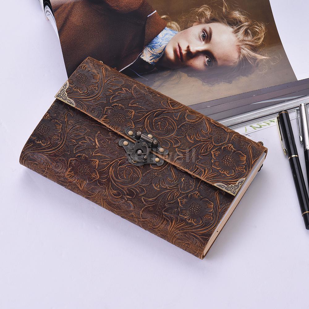 Quyển sổ nhật ký làm từ da mềm họa tiết nổi có khóa và chìa khóa cho đi du lịch