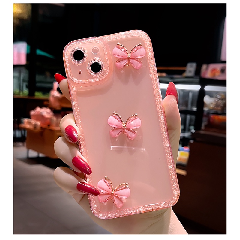 Ốp Bảo Vệ Camera Bướm Kim Loại Lấp Lánh Sang Trọng Cho iPhone 13 12 11 Pro Max X XS XR 7 8 Plus SE3 Ốp điện thoại Silicon Mềm Trong Suốt Chống Sốc