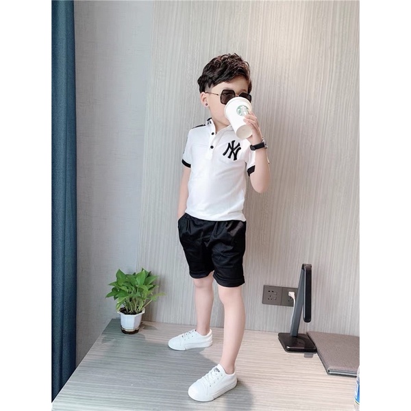 (10-23kg) bộ quần áo bé trai cổ polo phối quần kaki mềm