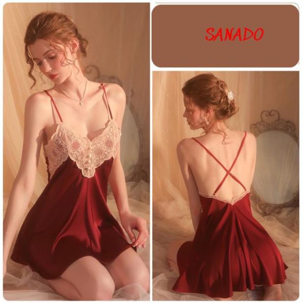 (V06.Đ) Đầm ngủ sexy lụa phối ren cao cấp váy mặc nhà gợi cảm quyến rũ - sanado