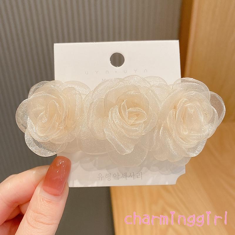 Kẹp tóc ba bông hoa trà ba lớp bằng kim loại dễ thương và tinh tế cho nữ