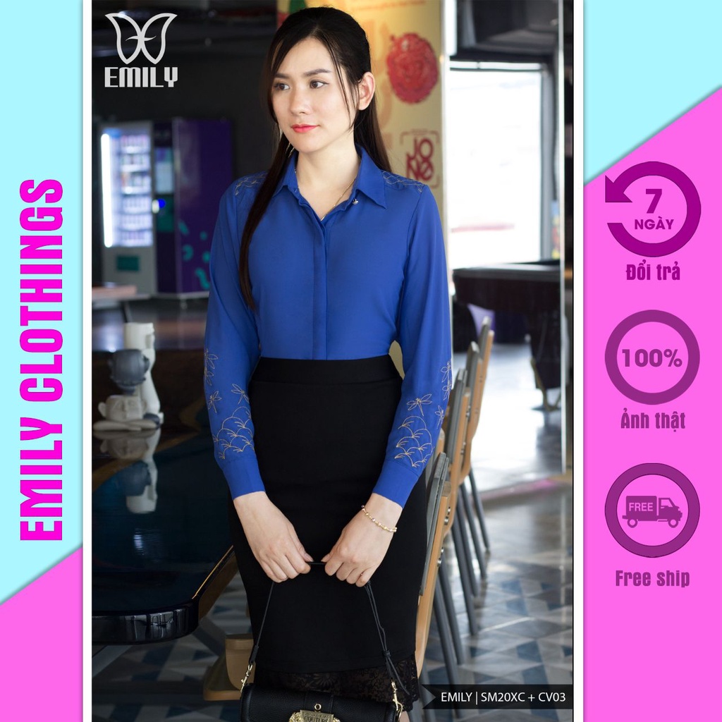 Áo sơ mi nữ kiểu thêu chuồn chuồn dài tay chất vải lụa tằm chéo cao cấp phong cách công sở lịch sự EMILY SM20