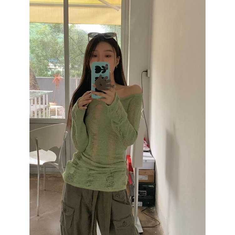QADCOL  Áo sweater Dệt Kim Mỏng Mùa Hè Thiết Kế Mỏng Màu Xanh Lá Cây Khoét Lỗ Hở Lưng Sang Trọng Cho Nữ