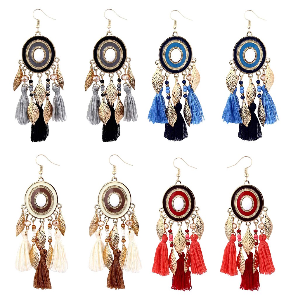 1 Đôi Bông Tai Hình Chiếc Lá Tua Rua Phong Cách Bohemian Cho Nữ