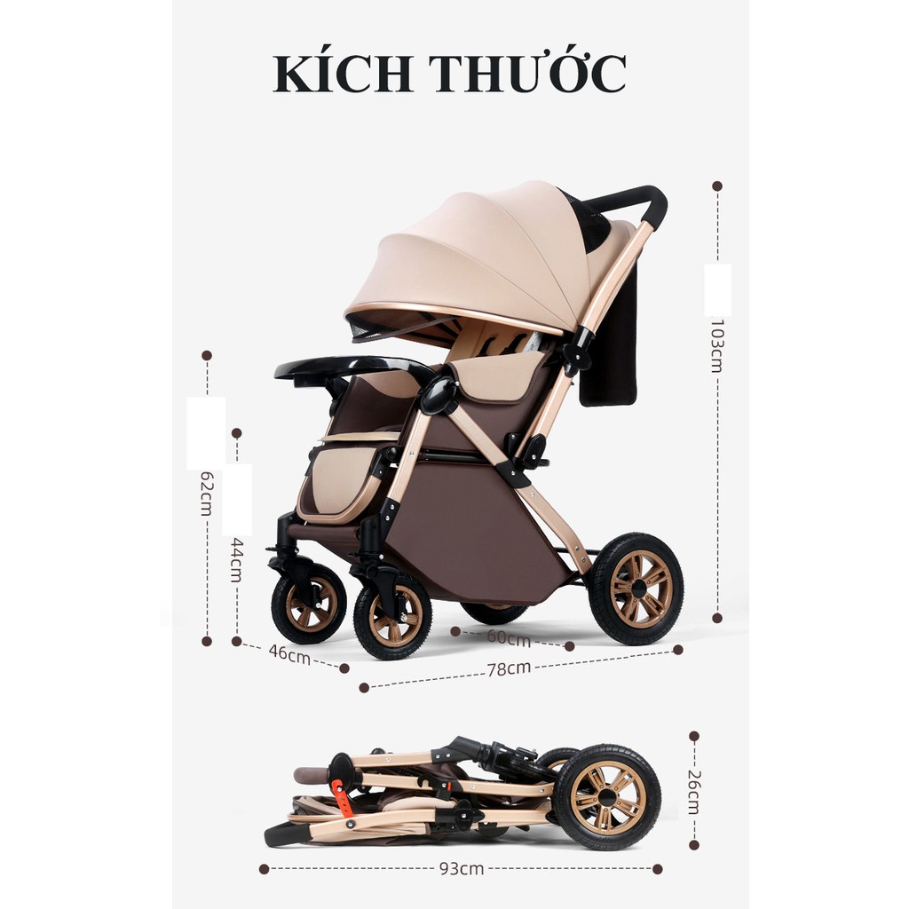 Xe đẩy 2 chiều 3 tư thế KABI KIDS mới 2021, 4 bánh cao su, dùng cho trẻ sơ sinh đến 36 tháng