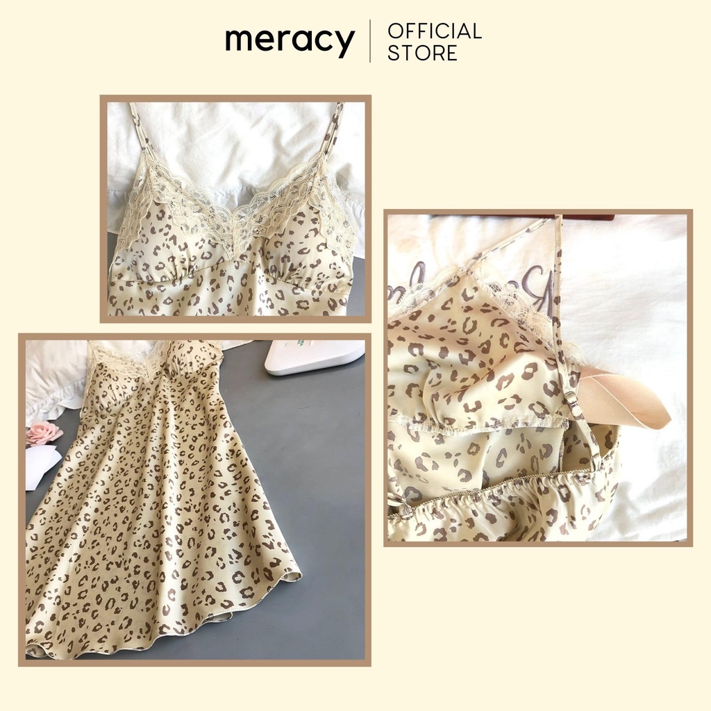 Váy ngủ lụa satin 2 dây nữ MERACY đầm ngủ lụa hai dây có mút ngực họa tiết da beo sexy M01-VN
