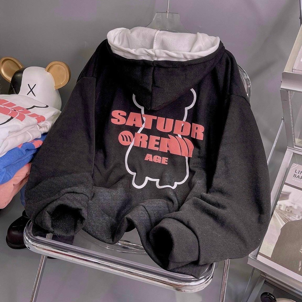 Áo Khoác Hoodie Nỉ Thun Nam Nữ Form Rộng Khóa Kéo Logo Gấu Mũ 2 Lớp