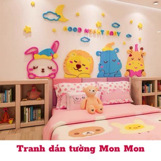 Tranh dán tường Mon Mon - Decal mica good night, chúc bé ngủ ngon, các con vật xinh xắn trang trí phòng bé