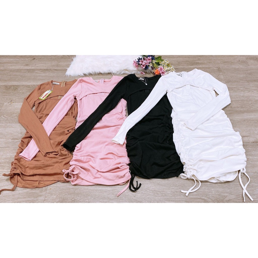 Siêu phẩm đầm cut out ngực tay dài rút dây 2 bên xinh sexy