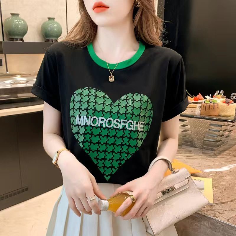 Áo Thun Cotton Cổ Tròn Tay Ngắn In Hình Trái Tim Phối Màu Thời Trang Mùa Hè Hàn Quốc Mới 2022 Dành Cho Bạn Nữ