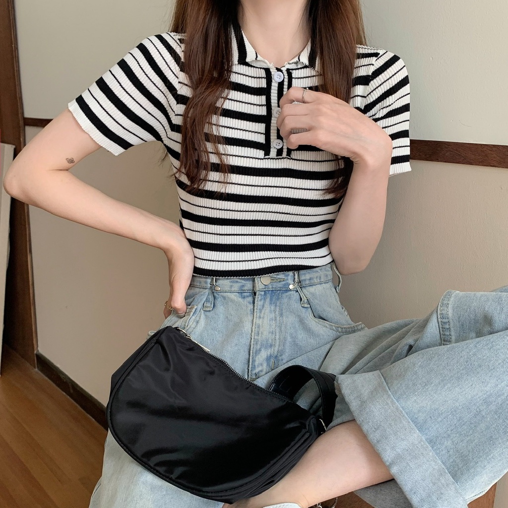 【ZHELIHANGFEI】 / Áo Sweater polo Ngắn Tay Vải Lụa Lạnh Mỏng Kẻ Sọc Có Cổ Thời Trang Mùa Hè Mới Cho Nữ