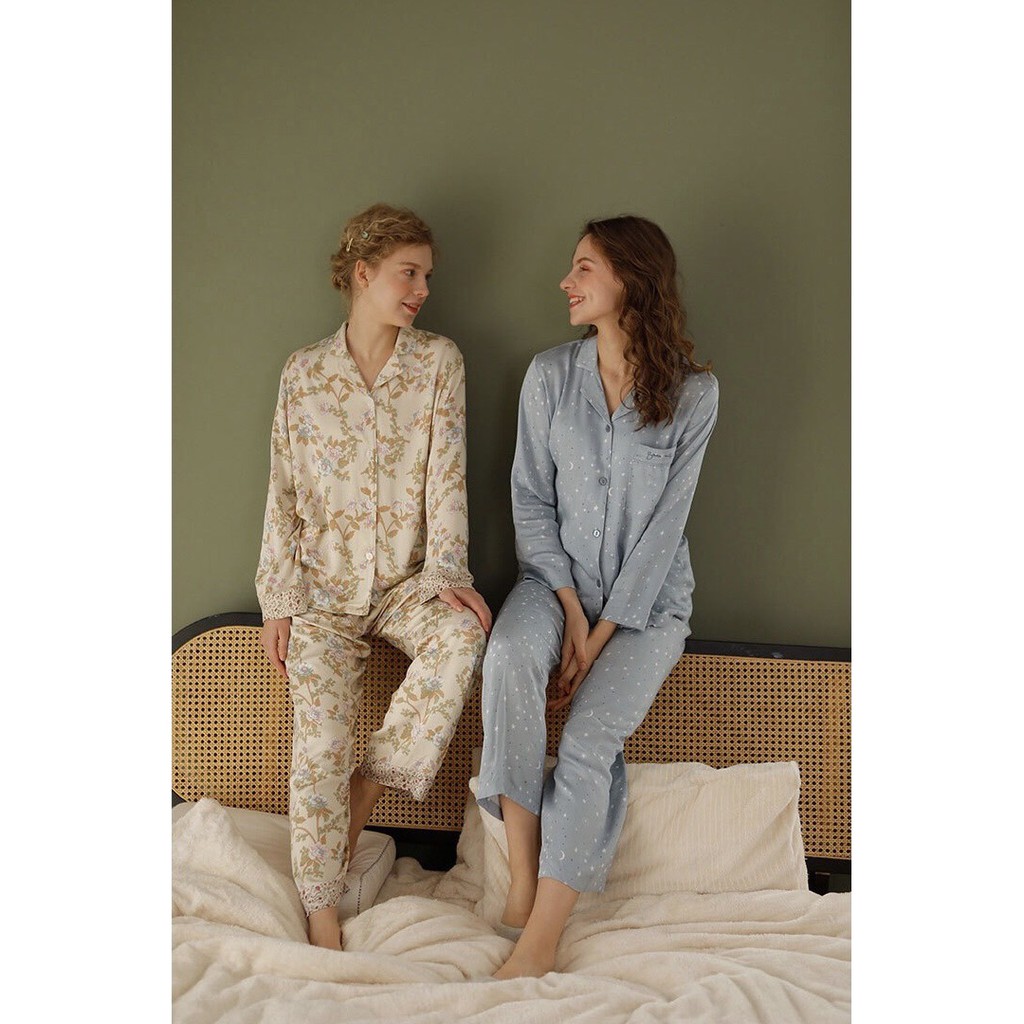 Bộ đồ pyjamas viscose cao cấp dài tay họa tiết (2 màu)