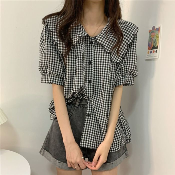 Áo Sơ Mi Tay Ngắn Phồng Cổ Búp Bê Họa Tiết Sọc Caro Phong Cách Pháp Thời Trang Mùa Hè Cho Nữ