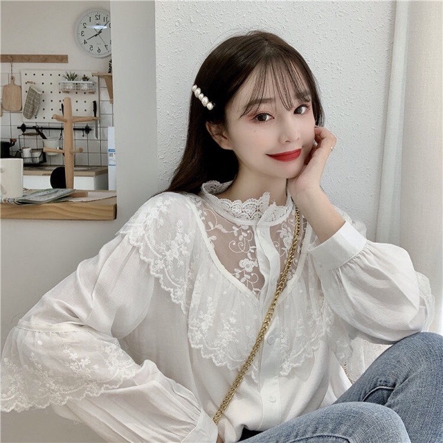 ÁO KIỂU BÁNH BÈO 🎀🎀 CỔ VOAN LƯỚI TAY VIỀN REN CỰC DỄ THƯƠNG