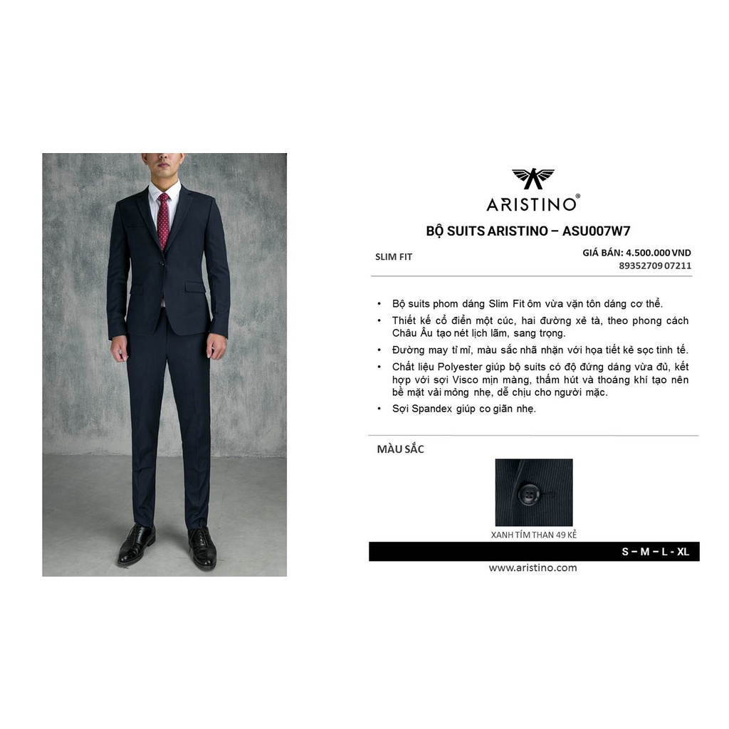 Bộ vest  nam Aristino from ôm  ASU007W7 tím than kẻ