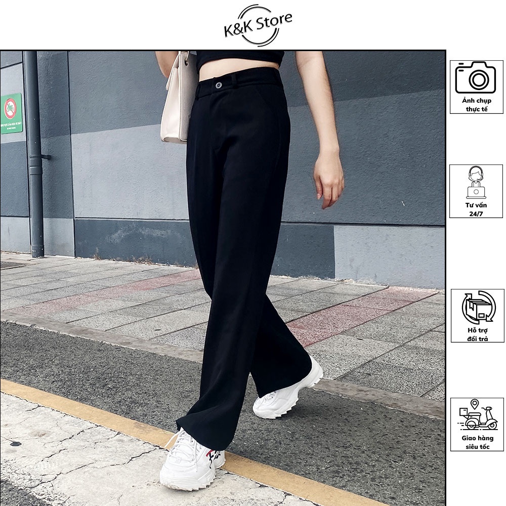 Quần Ống Loe Nữ Cạp Lưng Cao 2 Túi, Quần tây nữ công sở chất vải co giãn, quần vải ống rộng tôn dáng K&K QUANTAY001