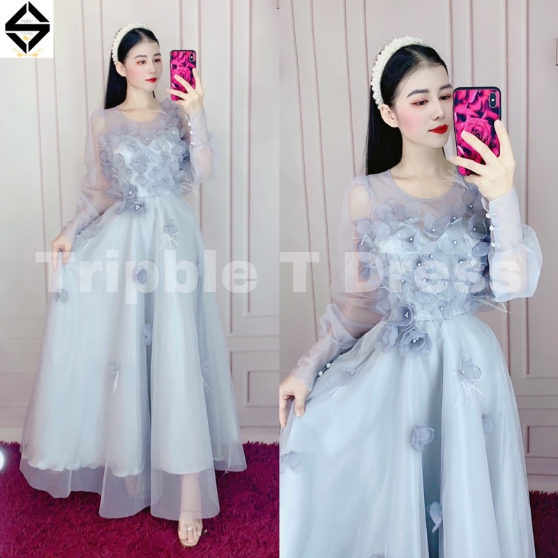 Đầm xoè tay dài phồng kết hoa nổi 3D TRIPBLE T DRESS  - size M/L - MS202V
