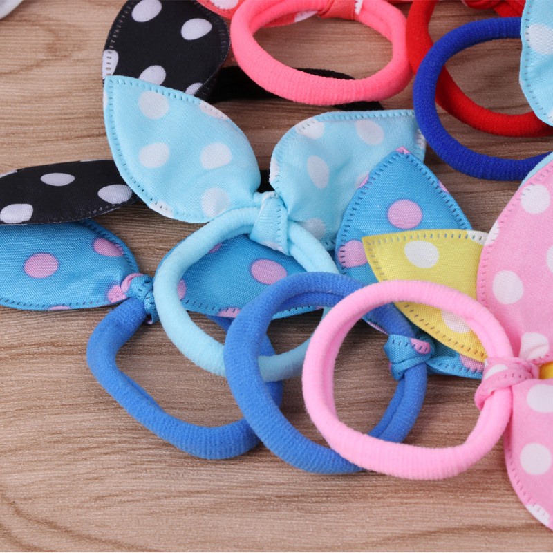 Set 10 Dây Cột Tóc Co Giãn Tai Thỏ Họa Tiết Chấm Bi Dễ Thương Cho Bé Gái