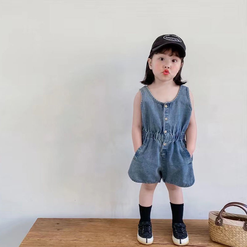 Bộ Áo Liền Quần Sát Nách Chất Denim Phong Cách Nhật Hàn Thời Trang Mùa Hè Cho Bé Trai Và Gái
