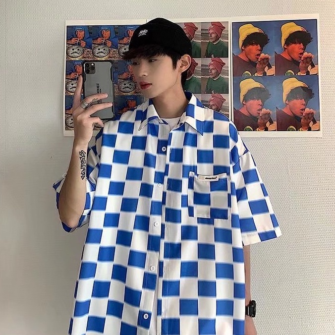 Áo Sơ Mi Caro Tay Ngắn Màu Trắng Đen Phong Cách Hàn Quốc Thời Trang Cho Nam