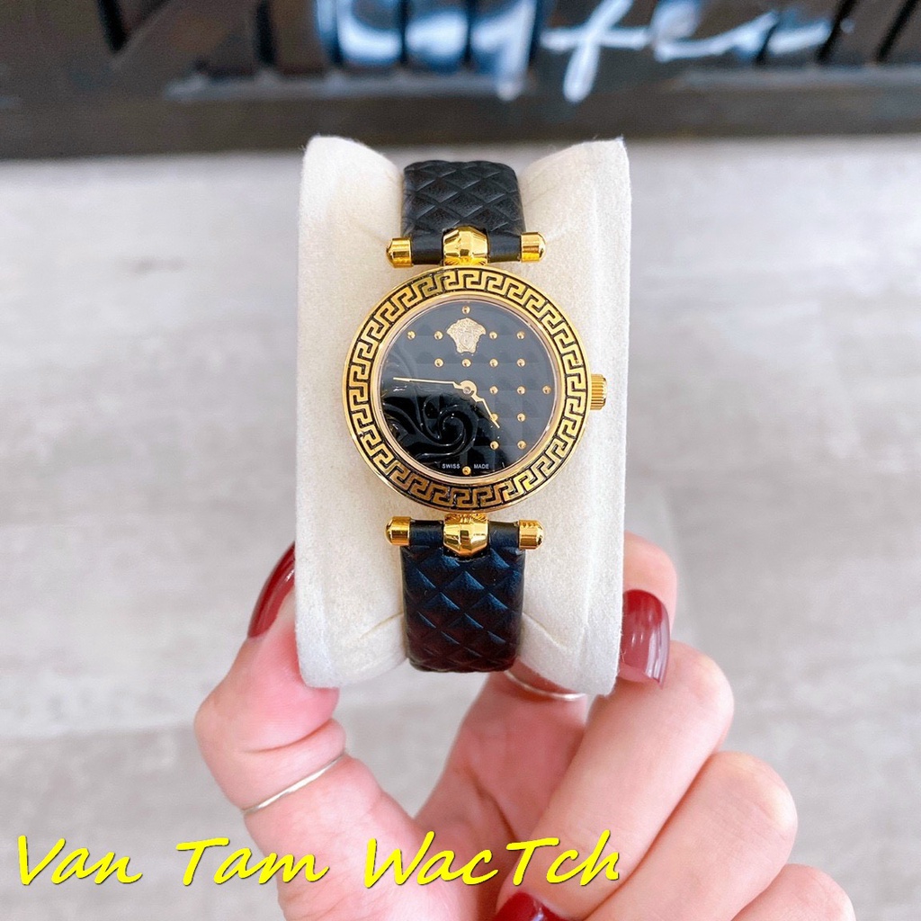 Đồng hồ nữ Versace mini vanitas 30mm máy Swiss quartz, mẫu mặt tròn 2 màu viền vàng, họa tiết mặt trùng họa tiết dây da