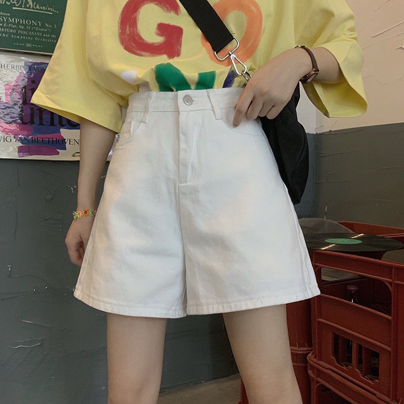 Quần Short Denim Lưng Cao Ống Rộng Màu Trắng Thời Trang Mùa Hè Phong Cách Hàn Quốc Mới Cho Nữ