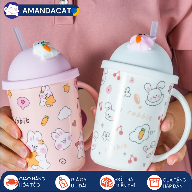 [Hàng sẵn] Ly Cốc Thỏ Cho Năm Thỏ Dung Tích 450ml Ly Có Tay Cầm Và Nắp Đậy Silicone Vô Cùng Tiện Lợi