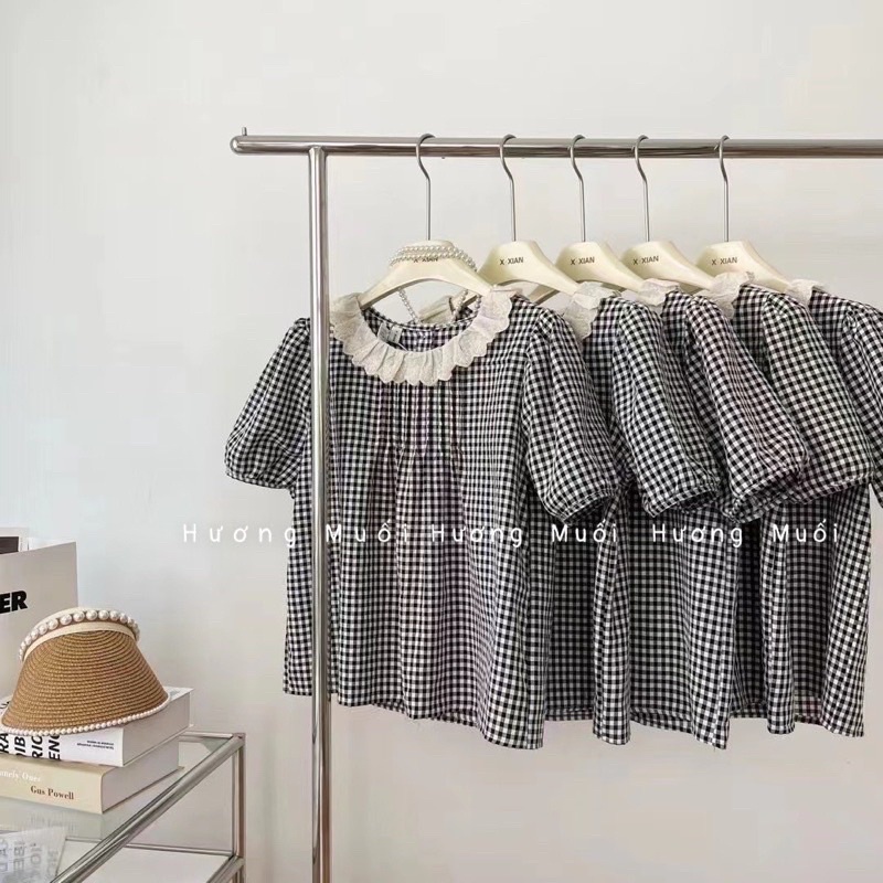 Áo babydoll kẻ cảdo cổ ren-cúc sau-siêu đẹp