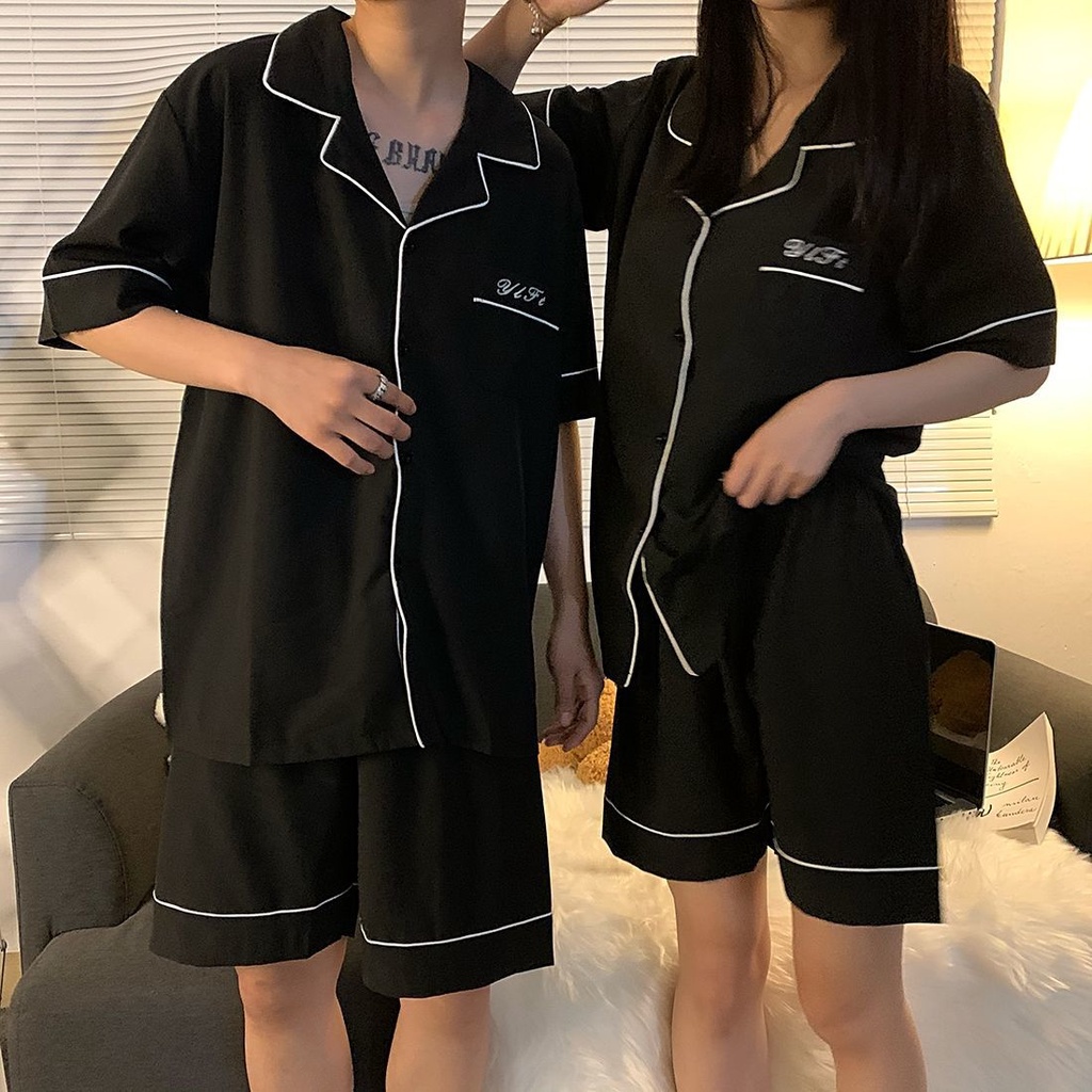 Bộ Đồ Ngủ Tay Ngắn Bằng Cotton Màu Trơn In Chữ Đơn Giản Dành Cho Nam Nữ