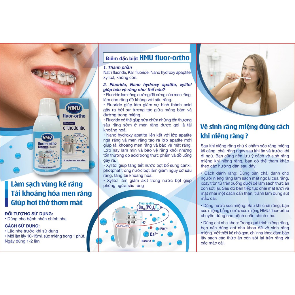 Nước súc miệng HMU Fluor Ortho 250ml dành cho bệnh nhân chỉnh nha niềng răng - Được Sáng Chế Bởi Đại Học Y