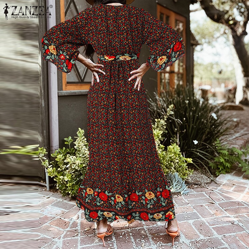 Zanzea Đầm Tay Loe Cổ Chữ V In Họa Tiết Phong Cách Bohemian Dành Cho Nữ
