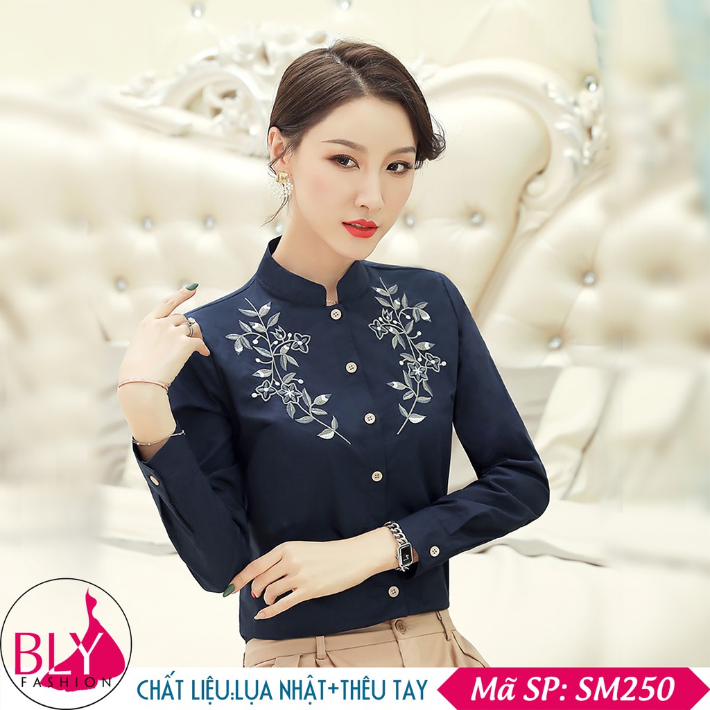 Áo sơ mi nữ cổ trụ xanh đen chất liệu Lụa Hàn Quốc BlyFashion SM250 thời trang công sở cao cấp Thanh lịch Sang trọng