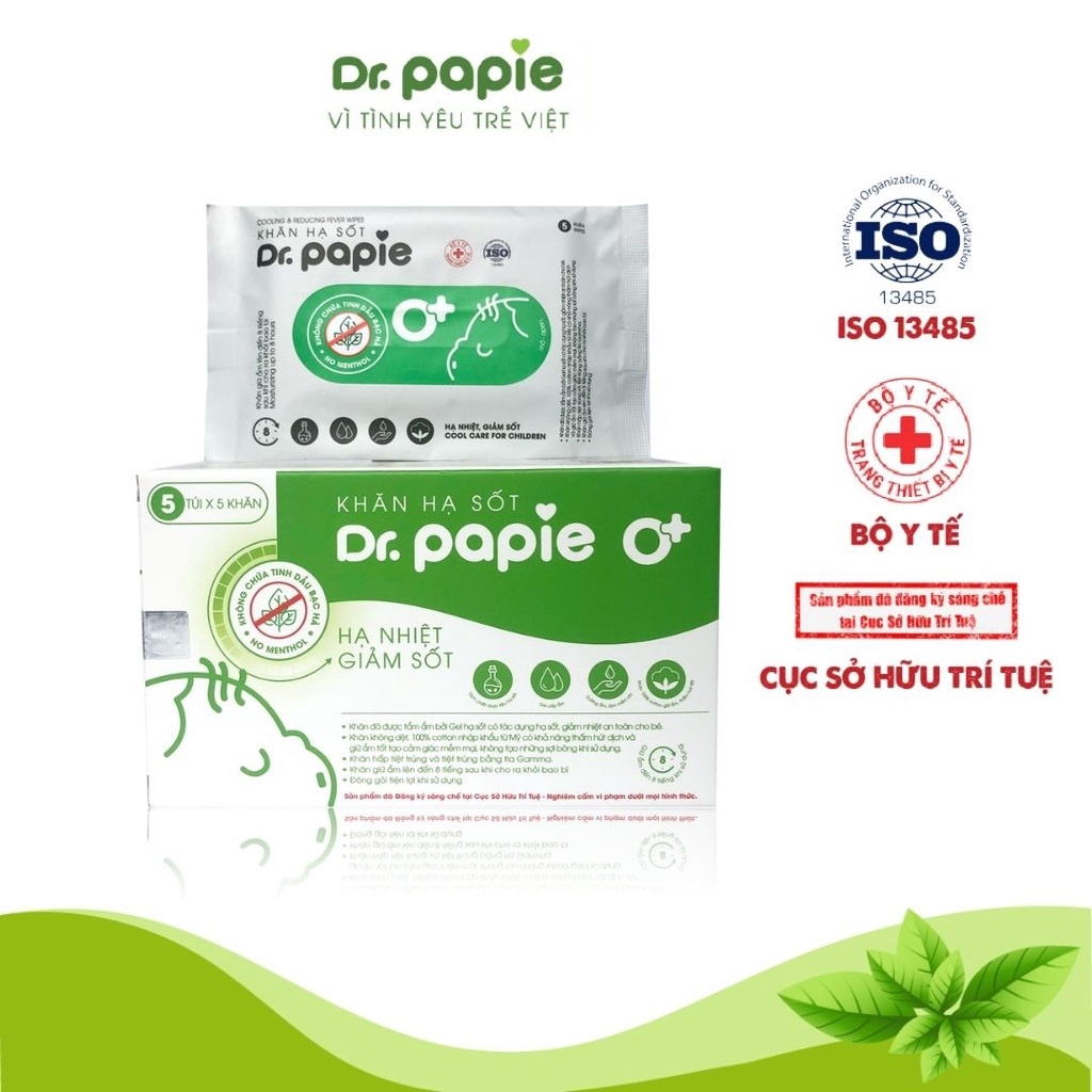 Khăn Lau Hạ Sốt Dr Papie Cho Bé Hạ Nhiệt, Giảm Sốt Ngăn Ngừa Co Giật Cho Trẻ Từ 0M+, Hộp 25 Chiếc, Date 12/2024