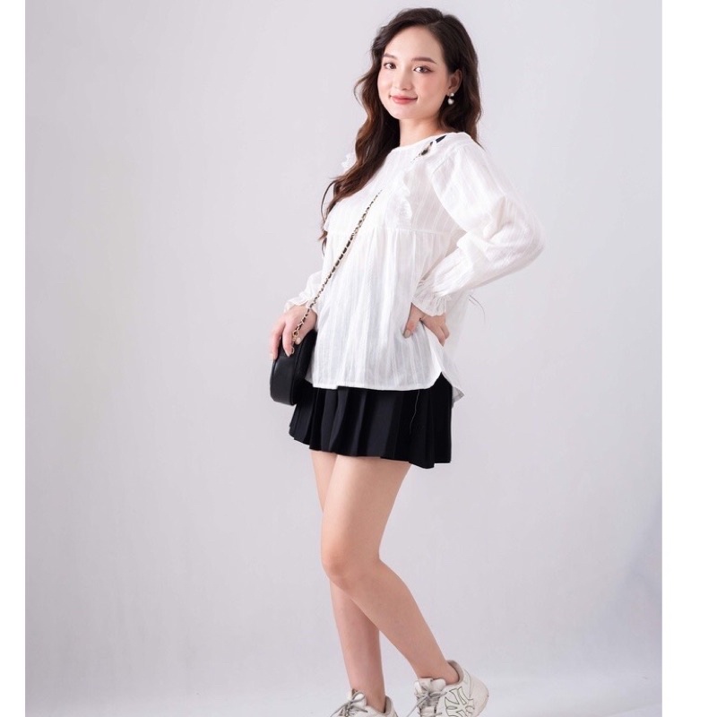 Áo sơ mi nữ, Áo babydoll nữ trắng phối viền ren tay bồng Maitrangshop92 – (TTA57)