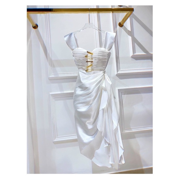 Ms 1240y ĐẦM XẾP LY TÙNG XÉO PHỐI BÈO  ( jum quần ngắn, choàng tùng xoè tà xéo, 5 kim gài )