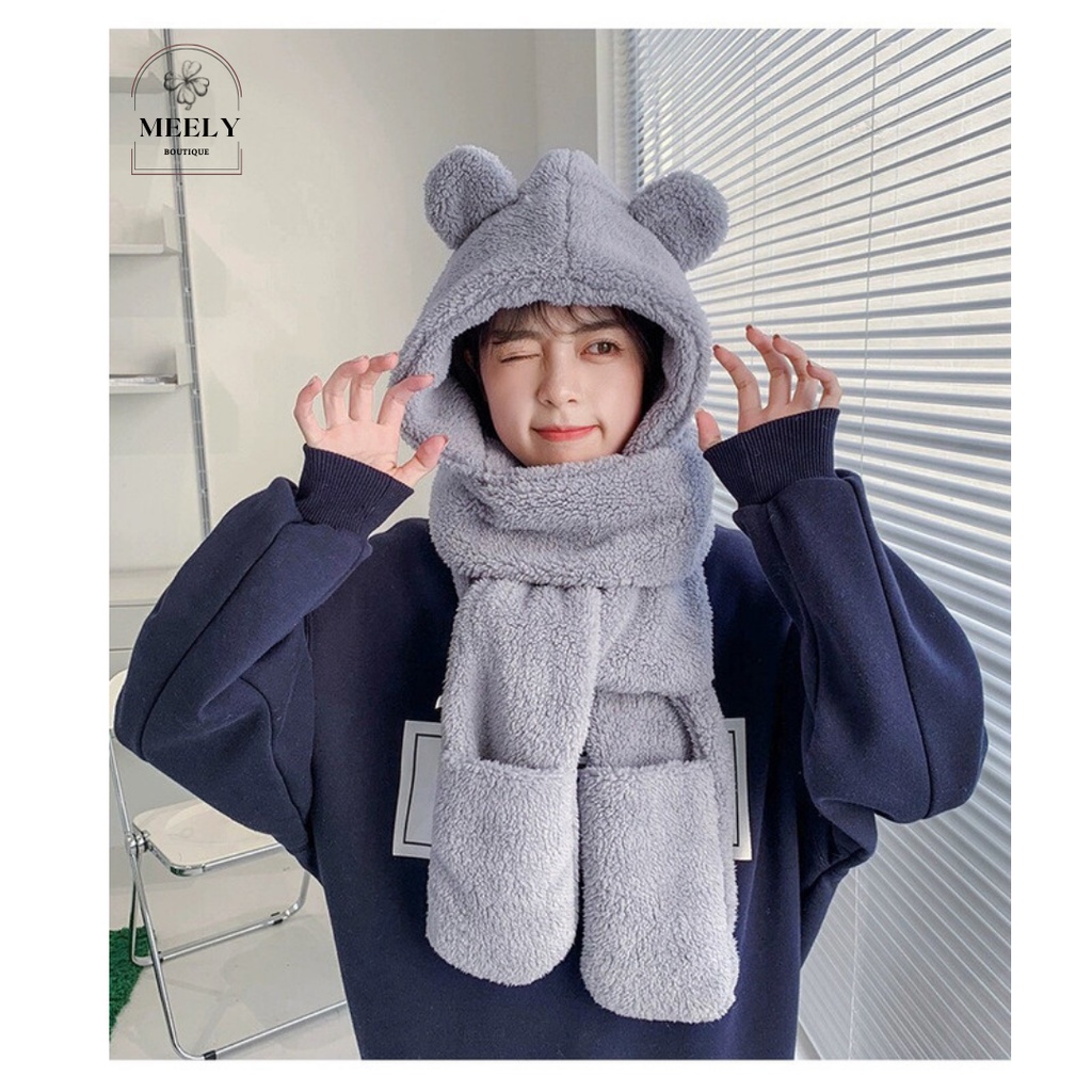 Mũ Lông Tai Gấu Kèm Khăn Quàng Cổ và Găng Tay Siêu Ấm Áp ulzzang Hàn Quốc, Mũ Lông Thỏ Mùa Đông - Freesize