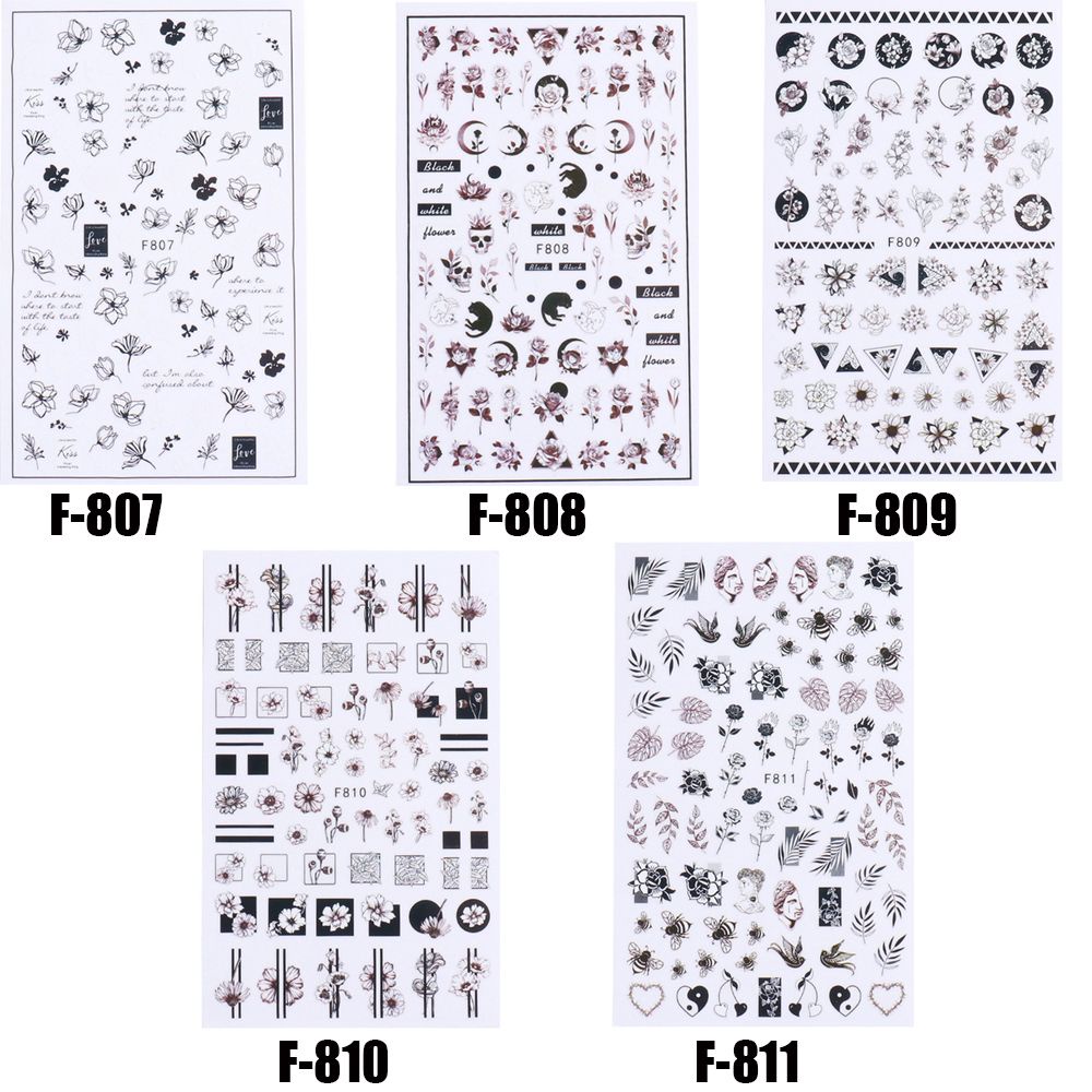 Sticker Rỗng Dán Trang Trí Móng Tay 3D Màu Trắng Đen Họa Tiết Hoa Lá Phong Cách Gothic