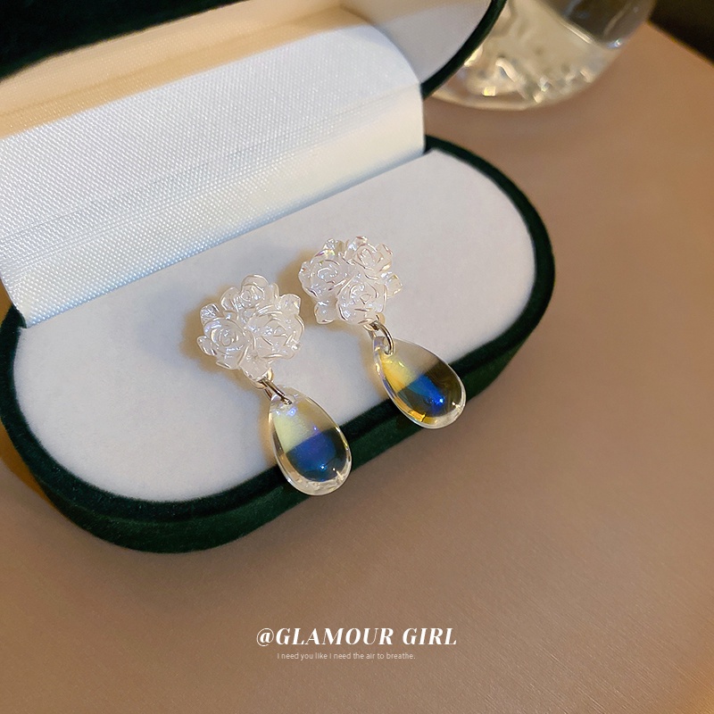 Khuyên Tai Hình Giọt Nước Đính Hoa Hồng Trắng Nhiều Màu Phong Cách Hàn Quốc Cho Nữ