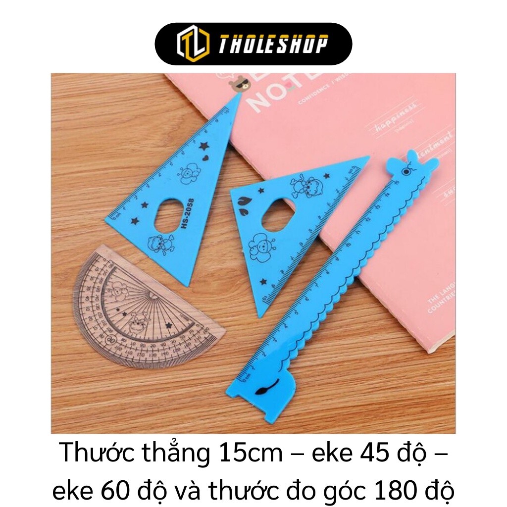 Thước Kẻ - Bộ 4 Cây Thước Thẳng 15cm, Eke 45 Độ, Eke 60 Độ, Đo Góc Cho Bé Học 9110