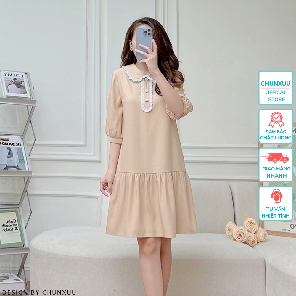 Váy nữ thiết kế dáng babydoll tay lỡ cổ phối viền thanh lịch vải tơ mềm mịn ChunXuu - V13