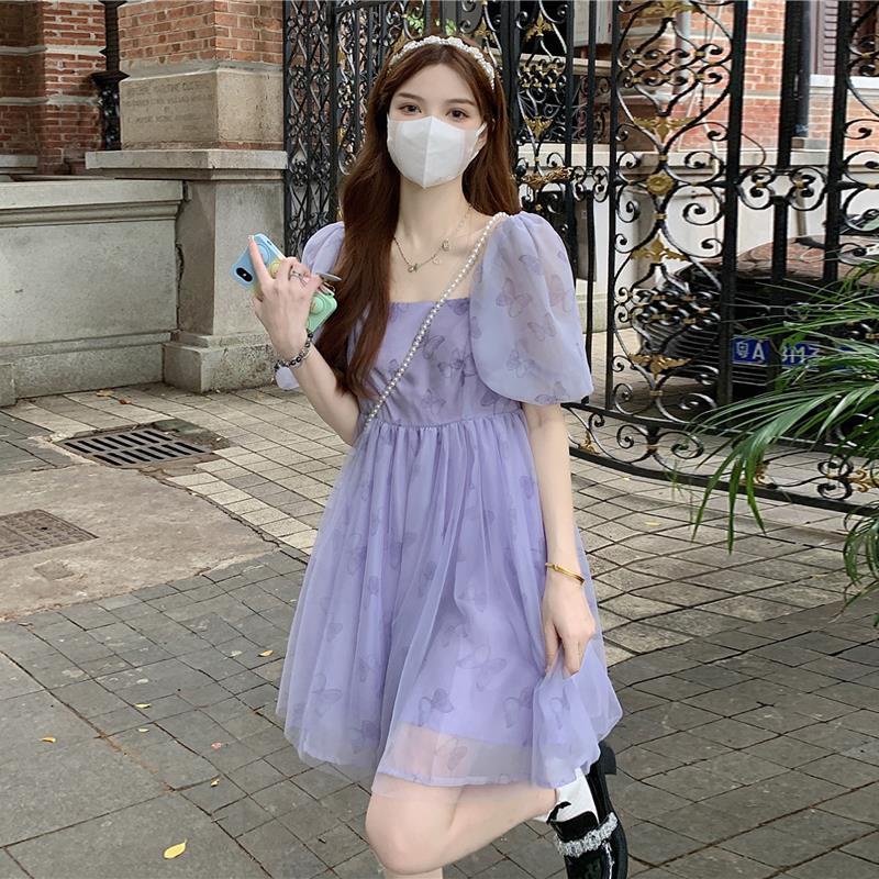 Váy babydoll Đầm Eo Cao Cổ Vuông Tay Phồng Phong Cách Phương Tây Thời Trang Mùa Hè 2022 Mới