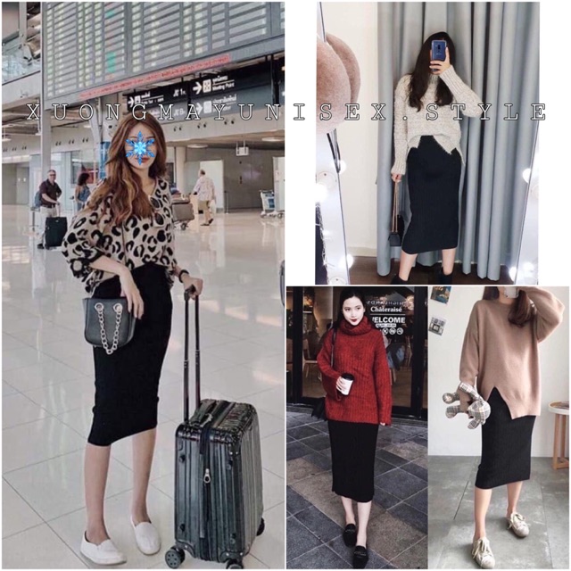 CHÂN VÁY LEN GÂN TRƠN BÚT CHÌ MIDI XẺ TÀ