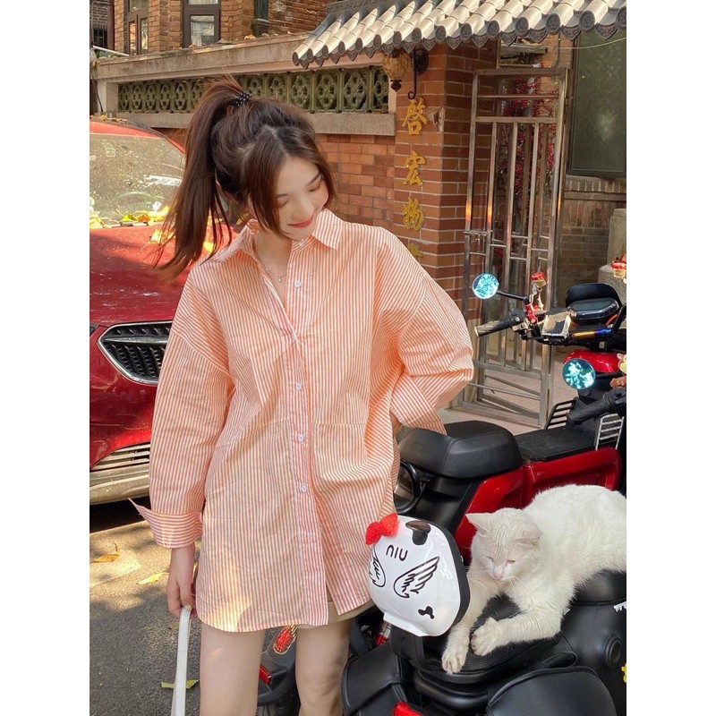 Áo Sơ Mi Hàn Quốc 🧡Sơ Mi Ulzzang Style [Áo Somi Sọc Cam] HÀNG LOẠI 1