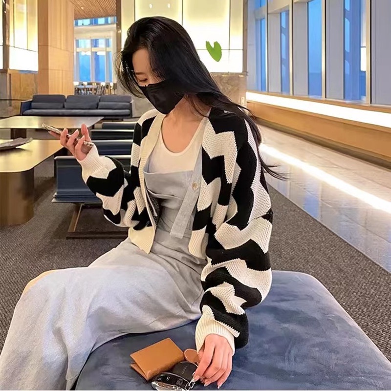 SUXI Áo Khoác Cardigan Dệt Kim Dáng Rộng Họa Tiết Kẻ Sọc Thời Trang Mùa Thu Phong Cách Hàn Quốc Cho Nữ