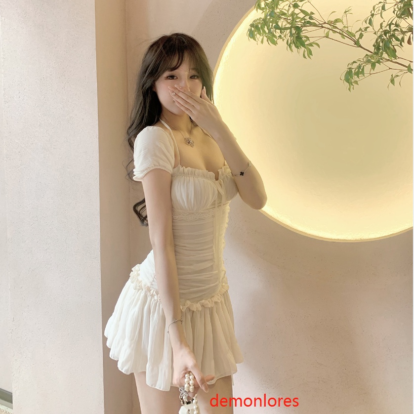 Đầm Tay Ngắn Màu Trắng Thiết Kế Dây Rút Thời Trang Mùa Hè Cho Nữ