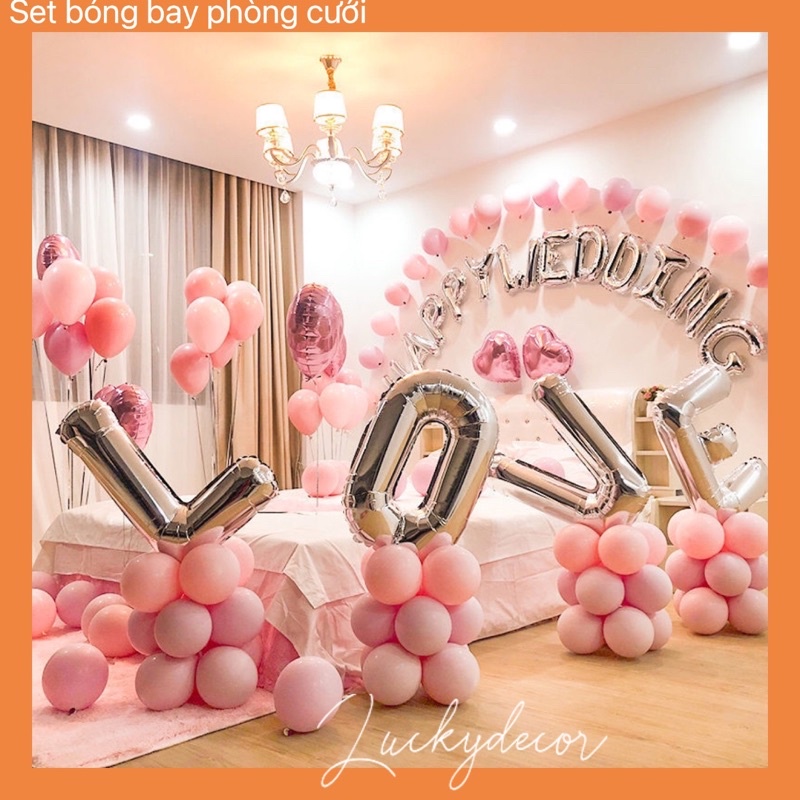 Set Bóng Bay Trang Trí Phòng Cưới Màu Hồng Pastel Đủ Phụ Kiện KK09
